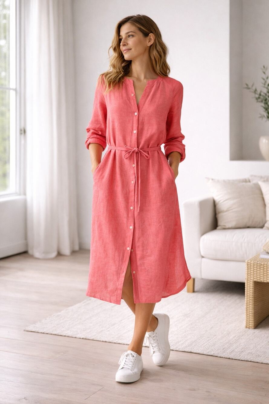 Loft Red Linen Blend Belted Shirt Dress Button Down Minimalist Casual Small